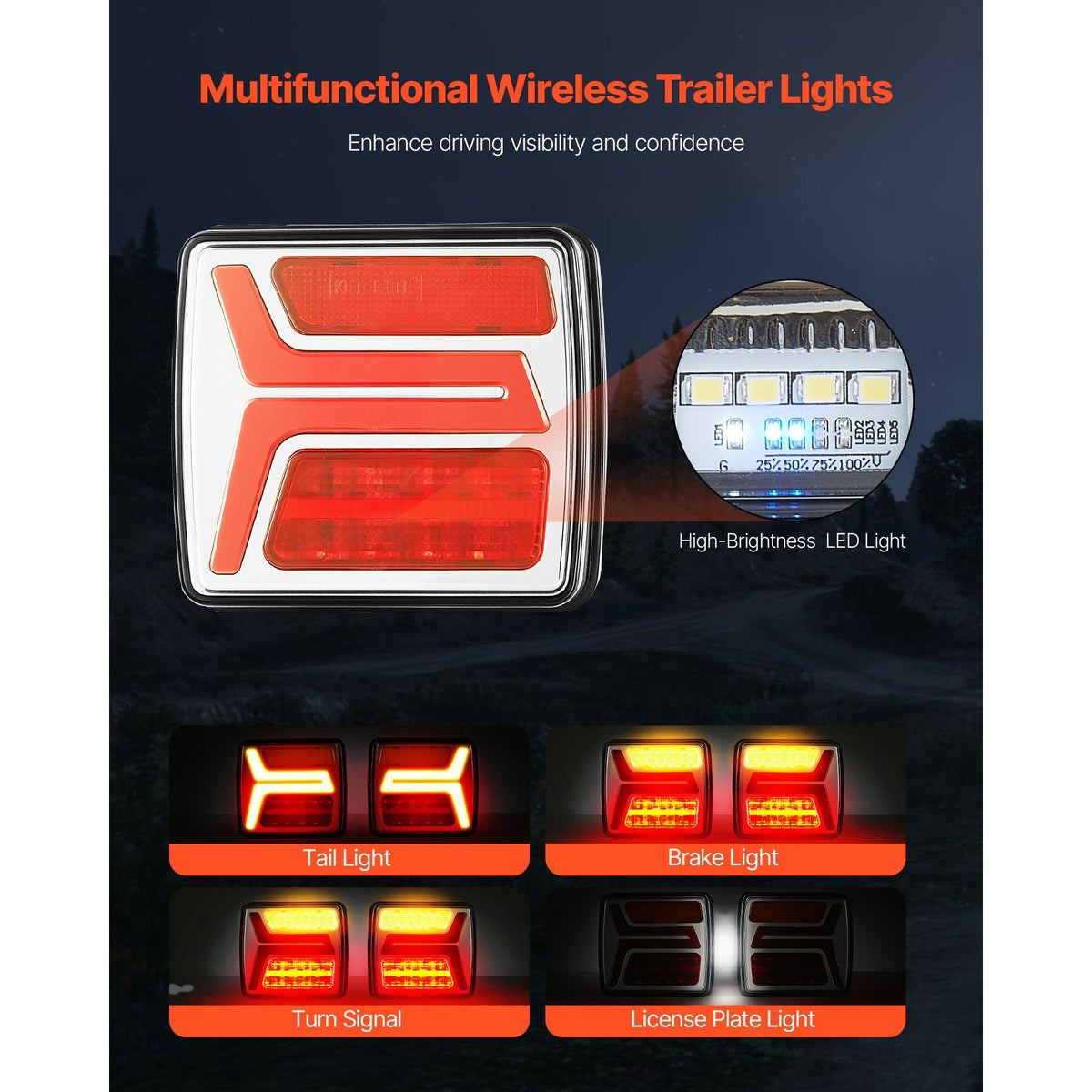 Trailer Lights, 2PCS 12V Square LED Magnetic Wireless Trailer Tail Lights Kit with Stop Brake Turn Tail License Plate Lamp, Waterproof Tow Lighting Kit for Boat Truck Camper RV Tractor Caravan