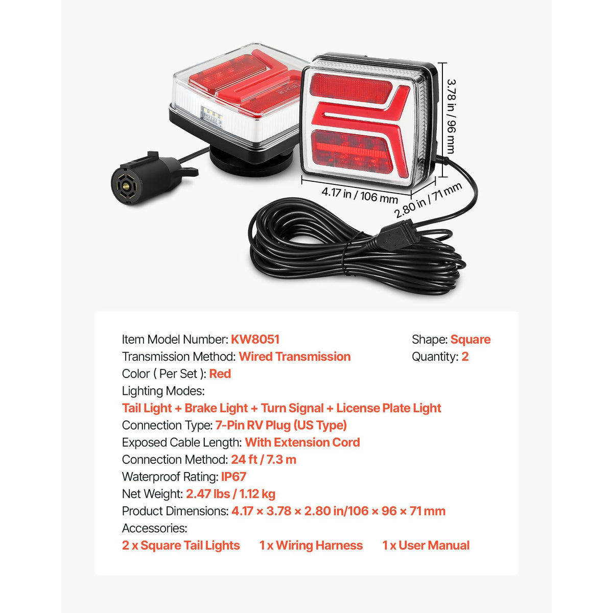 Trailer Lights, 2PCS 12V Square Magnetic LED Trailer Tail Lights Kit with Stop Brake Turn Tail License Lamp, Waterproof Tow Lighting Kit with Wiring Harness for Boat Truck Camper RV Snowmobile