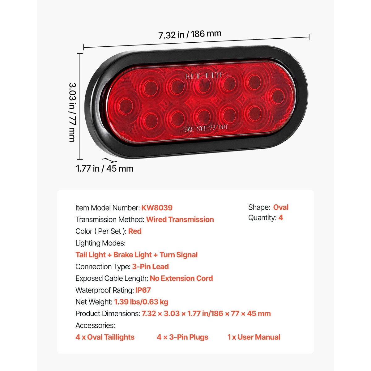Trailer Lights, 4PCS 12V Oval LED Trailer Tail Lights Kit with Stop Brake Turn Tail Lamp, Waterproof Tow Lighting Kit for Boat Truck Camper RV Snowmobile Bus Caravan, 2 Mounting Options, Red