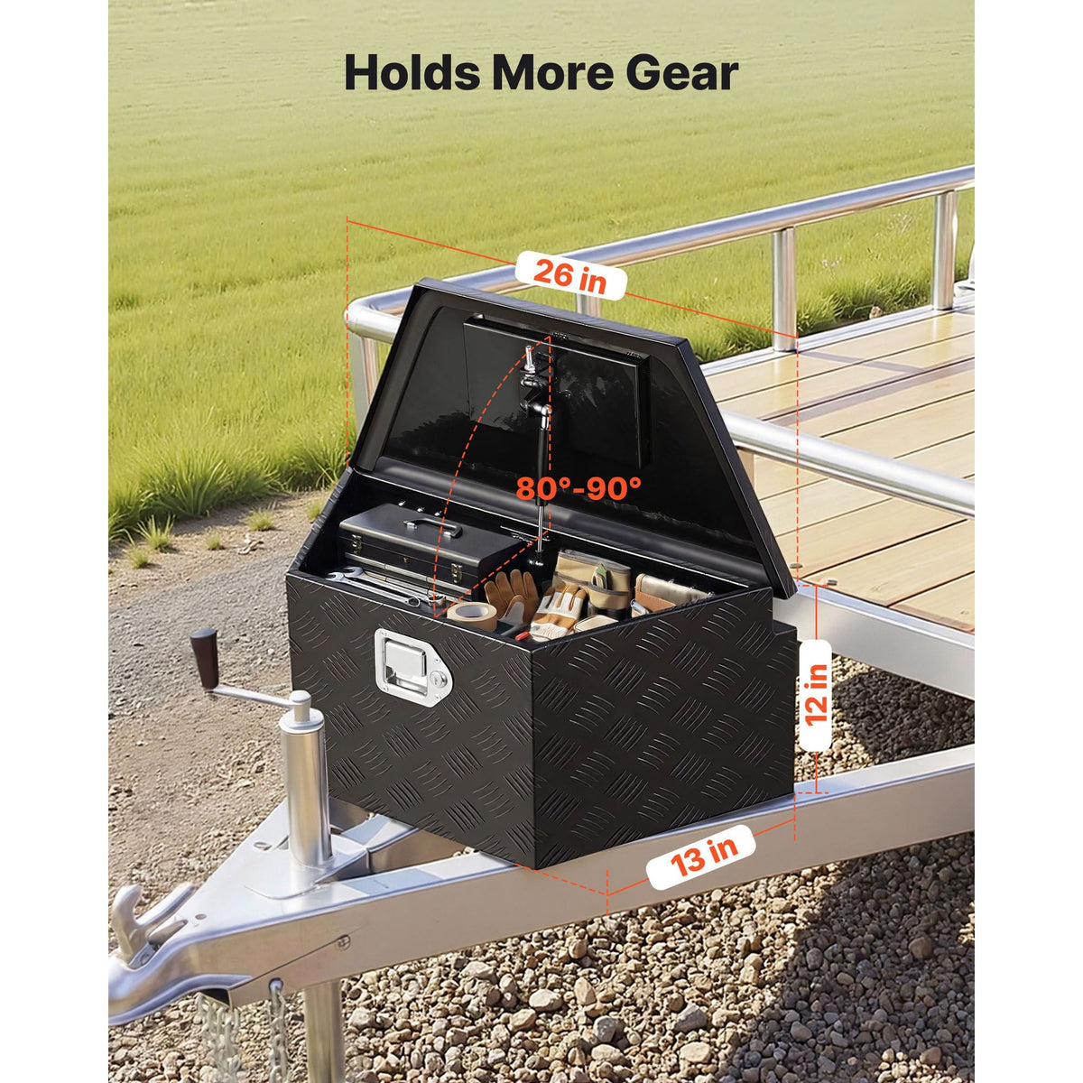 Trailer Tongue Box, 26" x 13" x 12" Aluminum Trailer Tongue Tool Box, Heavy Duty Storage Organizer with Lock and Keys, Utility Tool Chest for Pickup Truck Bed, RV, SUV, Off-Road Vehicle, Black