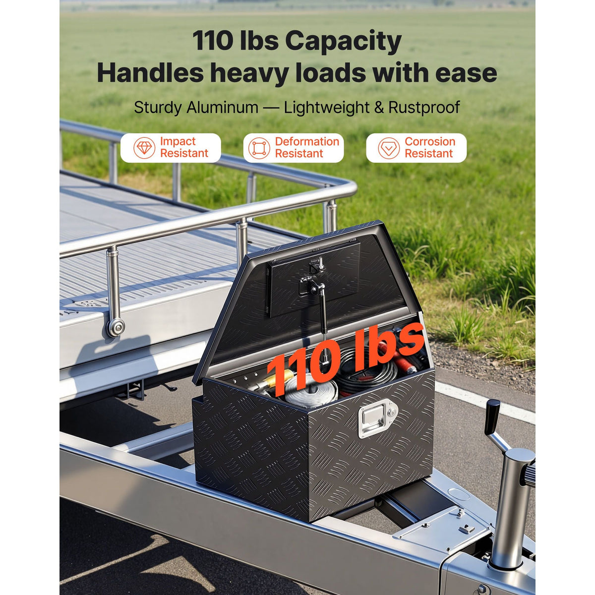 Trailer Tongue Box, 26" x 13" x 12" Aluminum Trailer Tongue Tool Box, Heavy Duty Storage Organizer with Lock and Keys, Utility Tool Chest for Pickup Truck Bed, RV, SUV, Off-Road Vehicle, Black