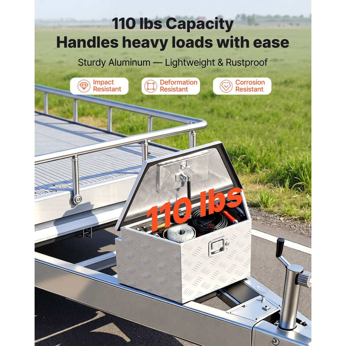 Trailer Tongue Box, 26" x 13" x 12" Aluminum Trailer Tongue Tool Box, Heavy Duty Storage Organizer with Lock and Keys, Utility Tool Chest for Pickup Truck Bed, RV, SUV, Off-Road Vehicle, Silver