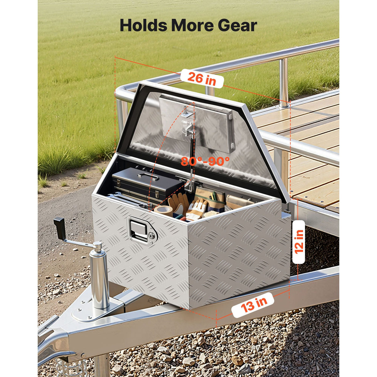 Trailer Tongue Box, 26" x 13" x 12" Aluminum Trailer Tongue Tool Box, Heavy Duty Storage Organizer with Lock and Keys, Utility Tool Chest for Pickup Truck Bed, RV, SUV, Off-Road Vehicle, Silver