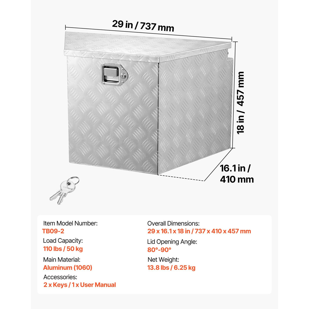 Trailer Tongue Box, 29" x 16.1" x 18" Aluminum Trailer Tongue Tool Box, Heavy Duty Storage Organizer with Lock & Keys, Utility Tool Chest for Pickup Truck Bed, RV, SUV, Off-Road Vehicle, Silver
