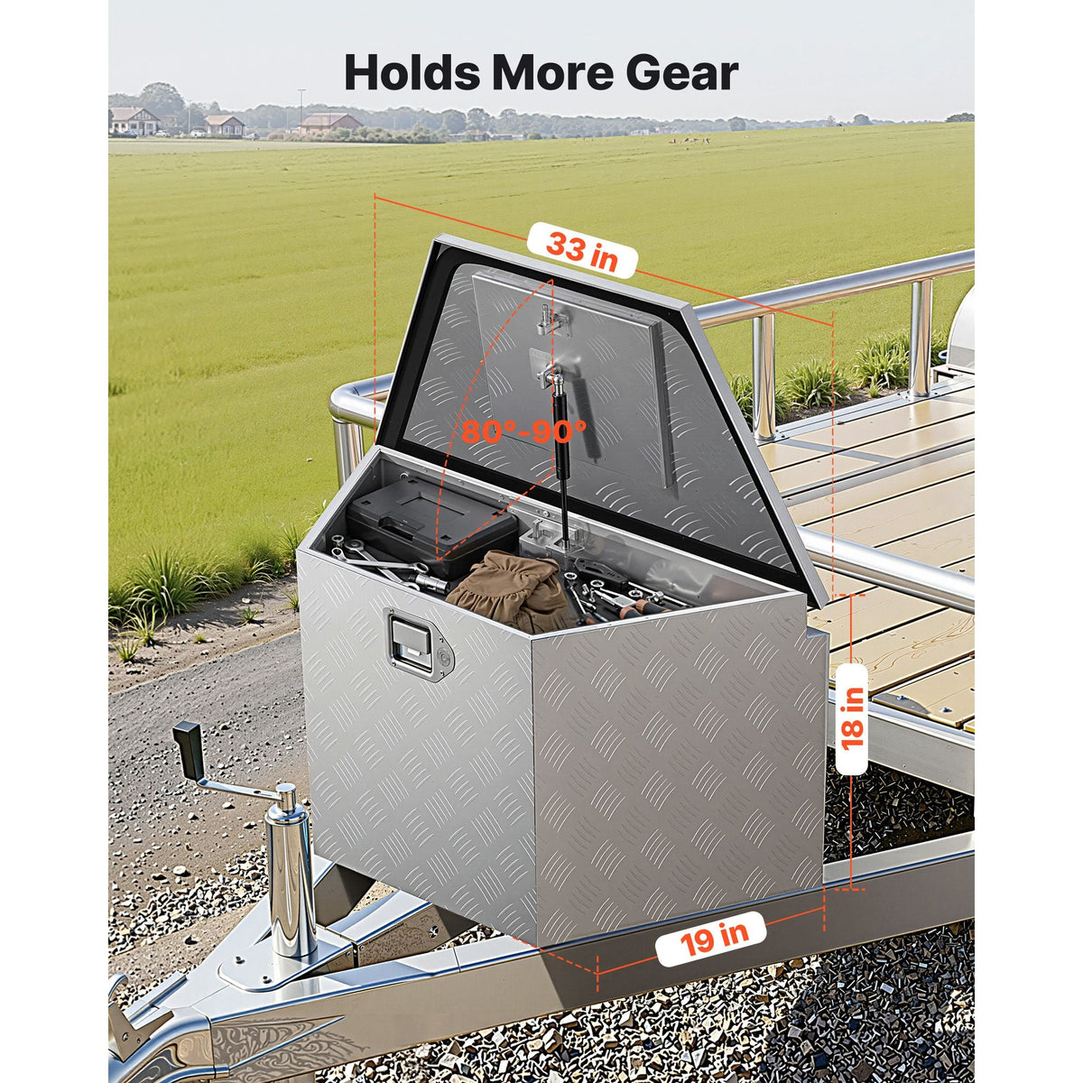 Trailer Tongue Box, 33" x 19" x 18" Aluminum Trailer Tongue Tool Box, Heavy Duty Storage Organizer with Lock and Keys, Utility Tool Chest for Pickup Truck Bed, RV, SUV, Off-Road Vehicle, Silver