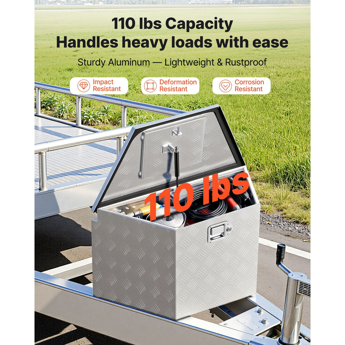 Trailer Tongue Box, 33" x 19" x 18" Aluminum Trailer Tongue Tool Box, Heavy Duty Storage Organizer with Lock and Keys, Utility Tool Chest for Pickup Truck Bed, RV, SUV, Off-Road Vehicle, Silver