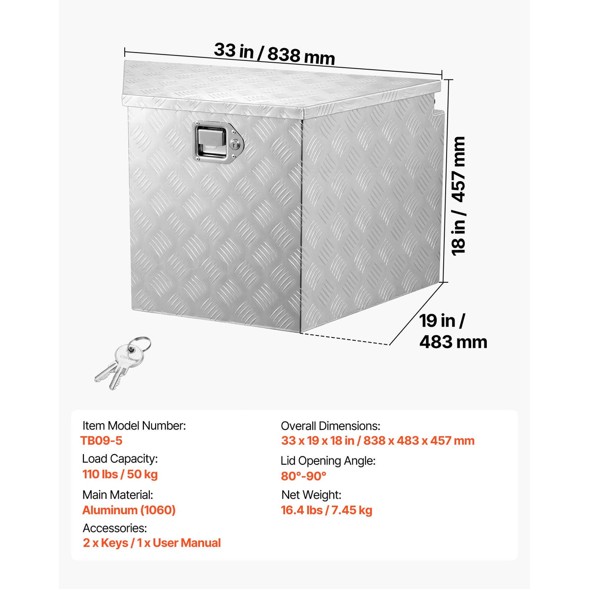 Trailer Tongue Box, 33" x 19" x 18" Aluminum Trailer Tongue Tool Box, Heavy Duty Storage Organizer with Lock and Keys, Utility Tool Chest for Pickup Truck Bed, RV, SUV, Off-Road Vehicle, Silver