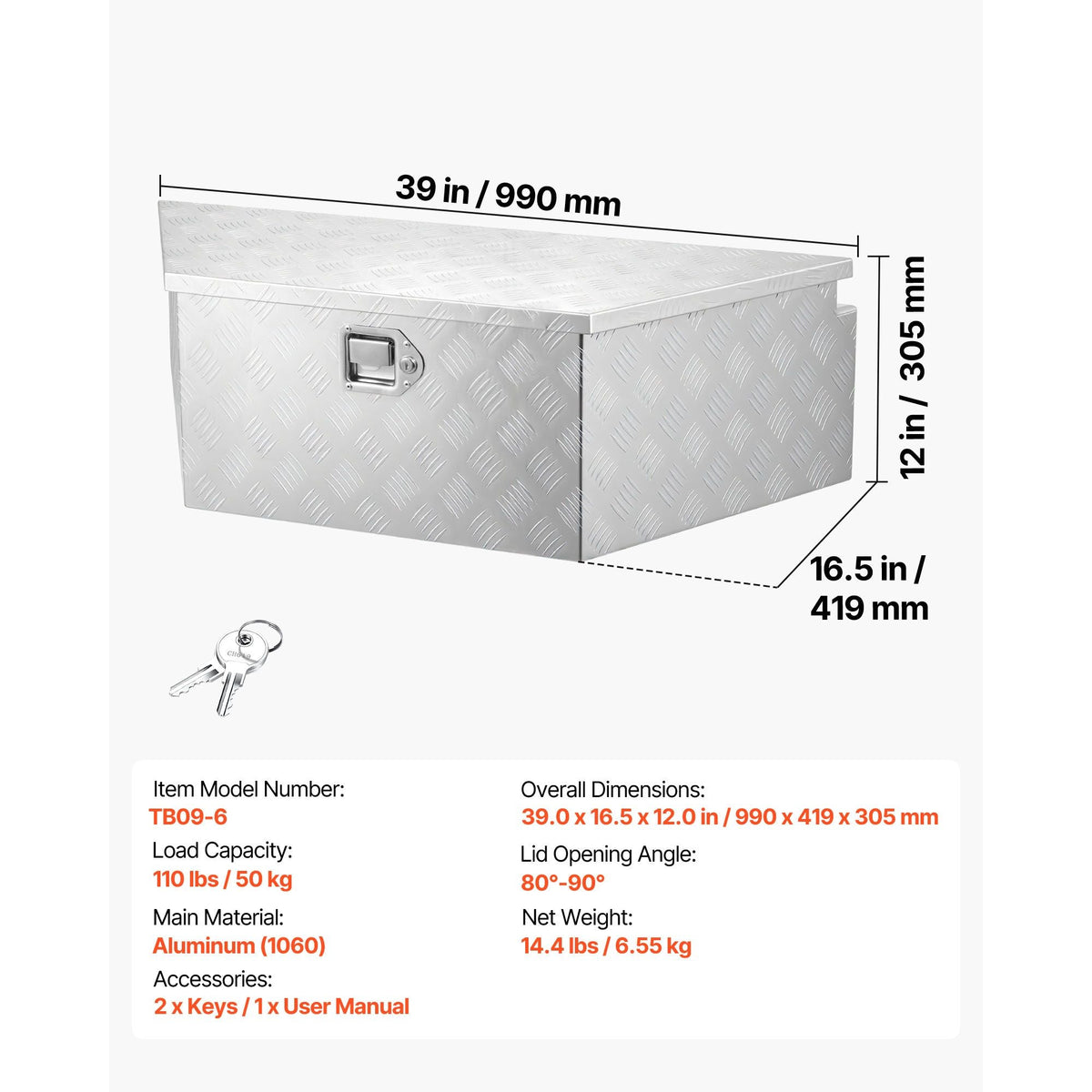 Trailer Tongue Box, 39" x 16.5" x 12" Aluminum Trailer Tongue Tool Box, Heavy Duty Storage Organizer with Lock & Keys, Utility Tool Chest for Pickup Truck Bed, RV, SUV, Off-Road Vehicle, Silver