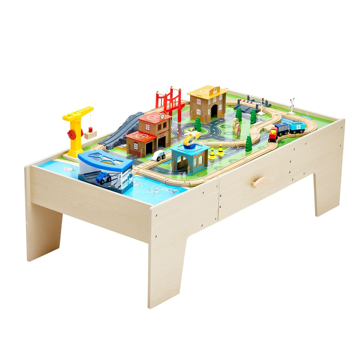 Train Table, 62 Multicolor Pieces Wooden Kids Activity Table with Large Storage Drawer, 3-in-1 Wooden Train Set for Playing, Drawing, Reading, Eating, Creative Toy Set for Kids Ages 3+