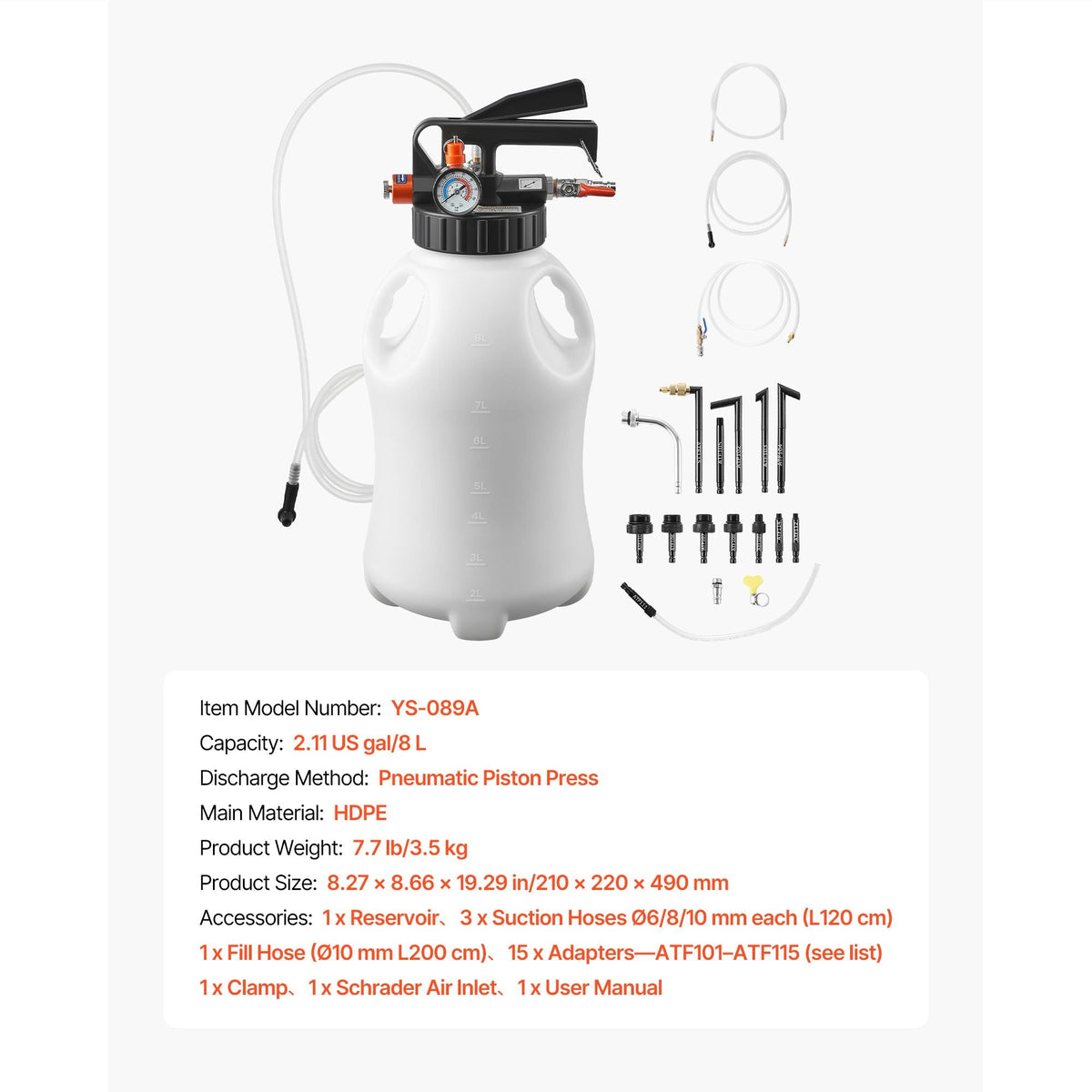 Transmission Fluid Pump, 8 L Pneumatic Oil Fluid Extractor, ATF Refill Dispenser Transfer Pump with 15 ATF Adapters, Oil Extractor Dispenser with HDPE Tank for Cars, Boats, Lawn Mowers