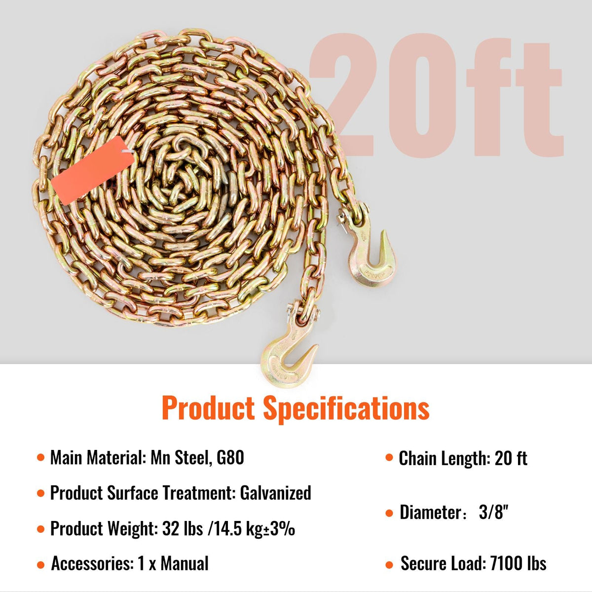 Transport Binder Chain, 7100 lbs Working Load Limit, 3/8'' x 20' G80 Tow Chain Tie Down with Grab Hooks, DOT Certified, Galvanized Coating Manganese Steel for Dock Factory Construction Site