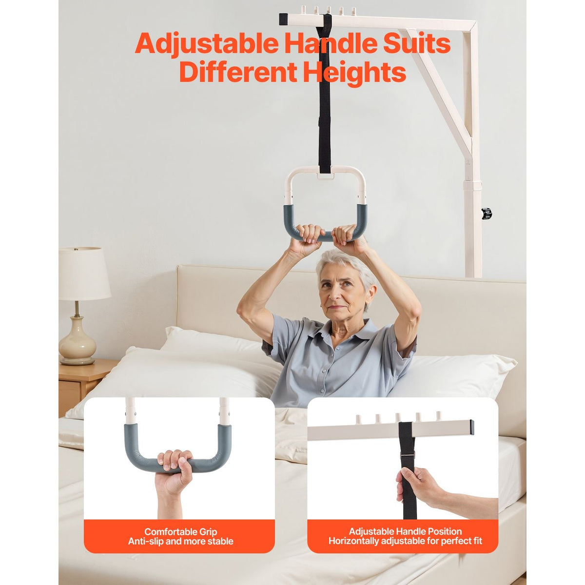 Trapeze Bar for Bed Mobility, Height-Adjustable Bed Trapeze with 2 Casters, 350LBS Weight Capacity Heavy Duty Pull Up Trapeze Bar with Floor Stand for Elderly, Disabled, Bedridden Patients