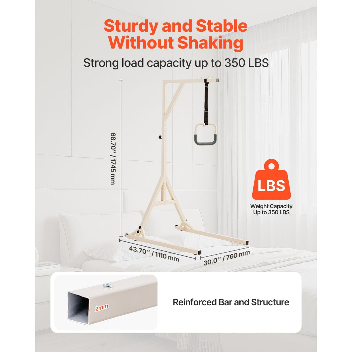 Trapeze Bar for Bed Mobility, Height-Adjustable Bed Trapeze with 2 Casters, 350LBS Weight Capacity Heavy Duty Pull Up Trapeze Bar with Floor Stand for Elderly, Disabled, Bedridden Patients