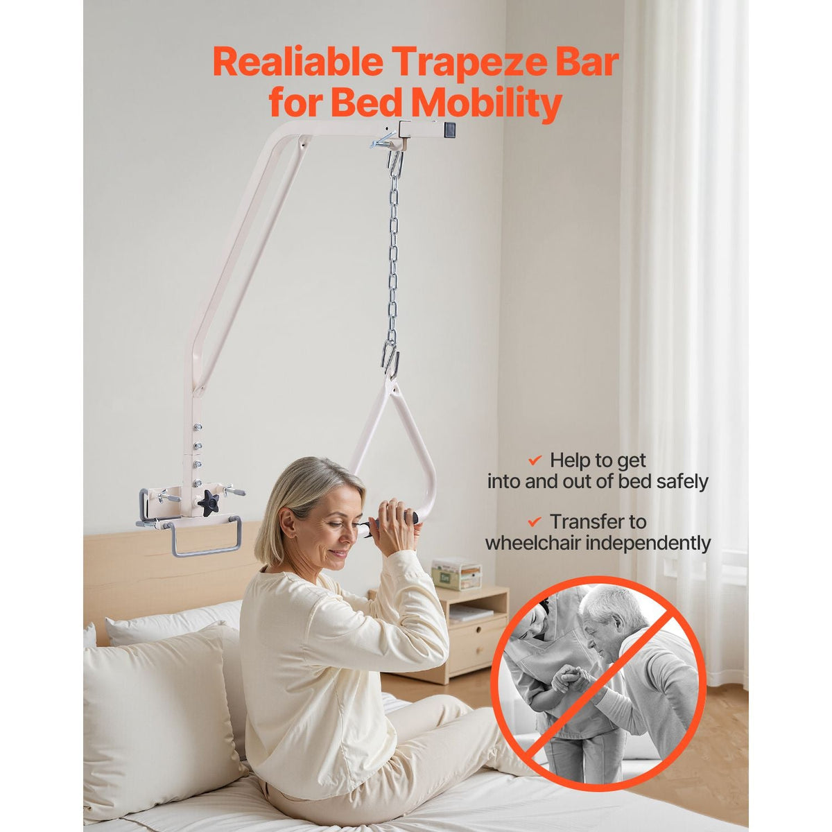 Trapeze Bar for Bed Mobility, Medical Bed Trapeze with Clamps & Metal Chain, 250LBS Weight Capacity Bed Pull Up Assist for Elderly & Disabled, Ideal for Home Care, Hospitals, Nursing Homes