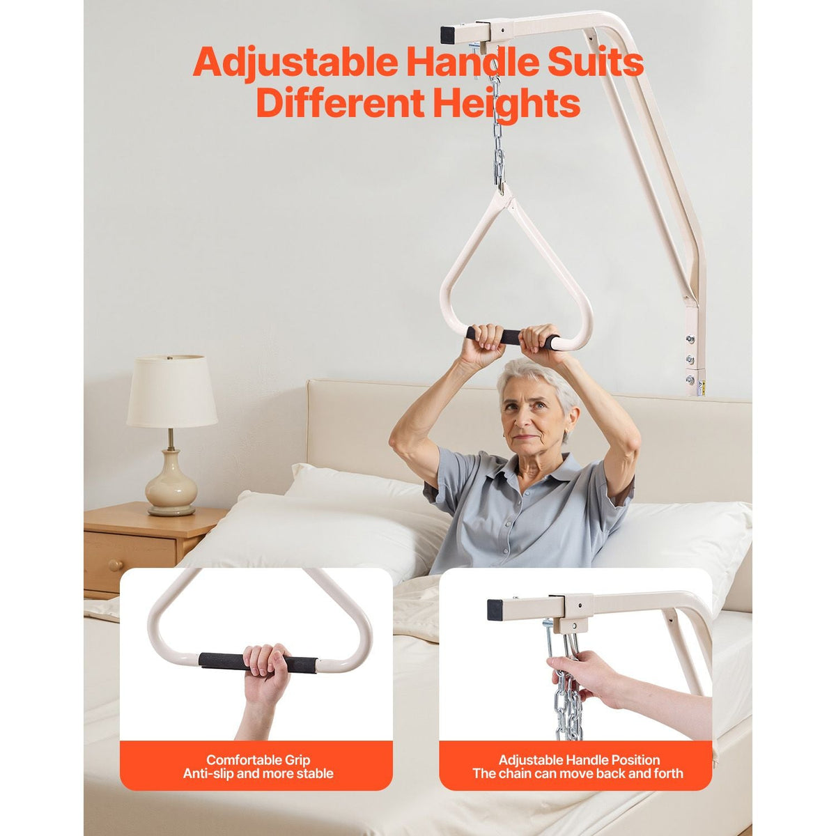Trapeze Bar for Bed Mobility, Medical Bed Trapeze with Clamps & Metal Chain, 250LBS Weight Capacity Bed Pull Up Assist for Elderly & Disabled, Ideal for Home Care, Hospitals, Nursing Homes