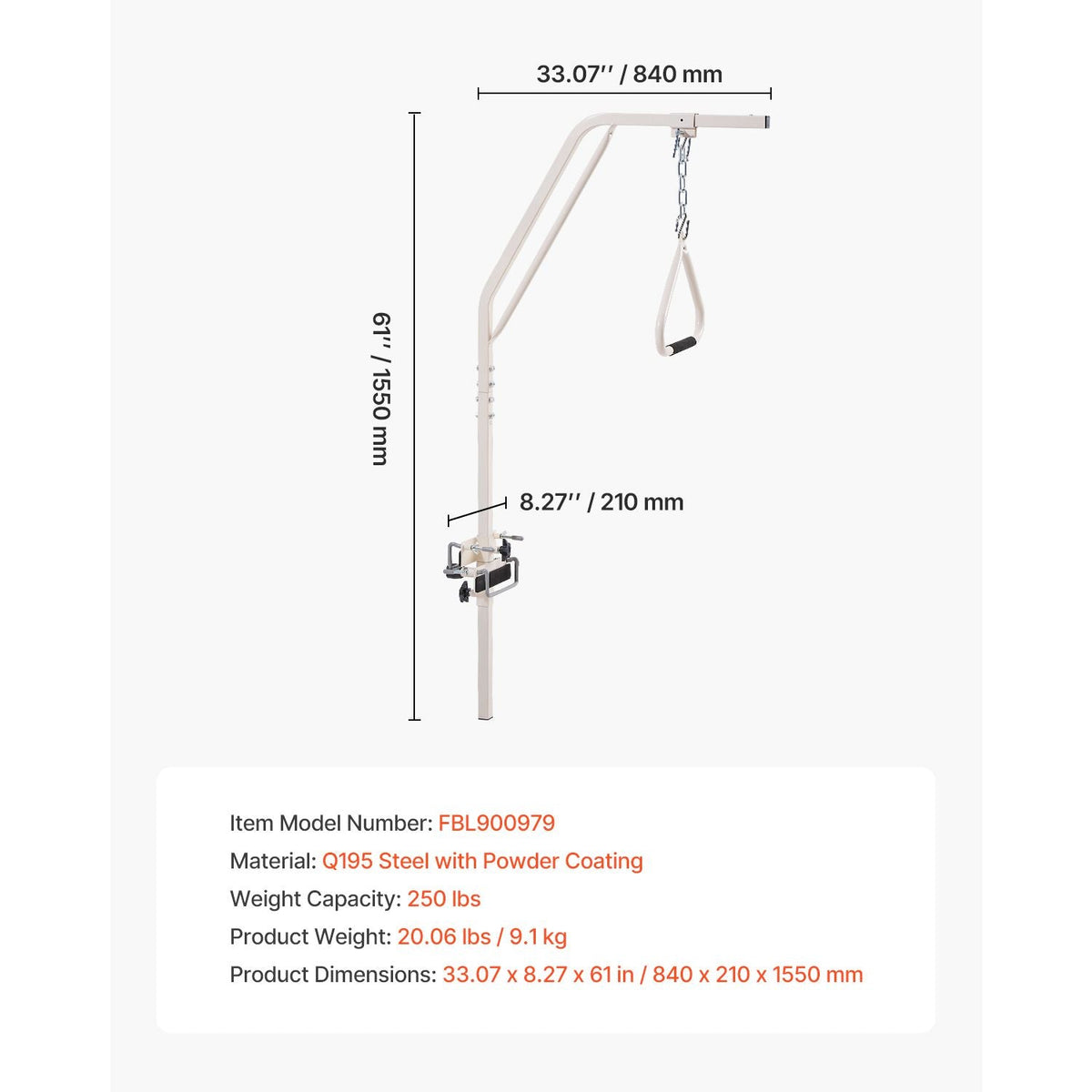 Trapeze Bar for Bed Mobility, Medical Bed Trapeze with Clamps & Metal Chain, 250LBS Weight Capacity Bed Pull Up Assist for Elderly & Disabled, Ideal for Home Care, Hospitals, Nursing Homes