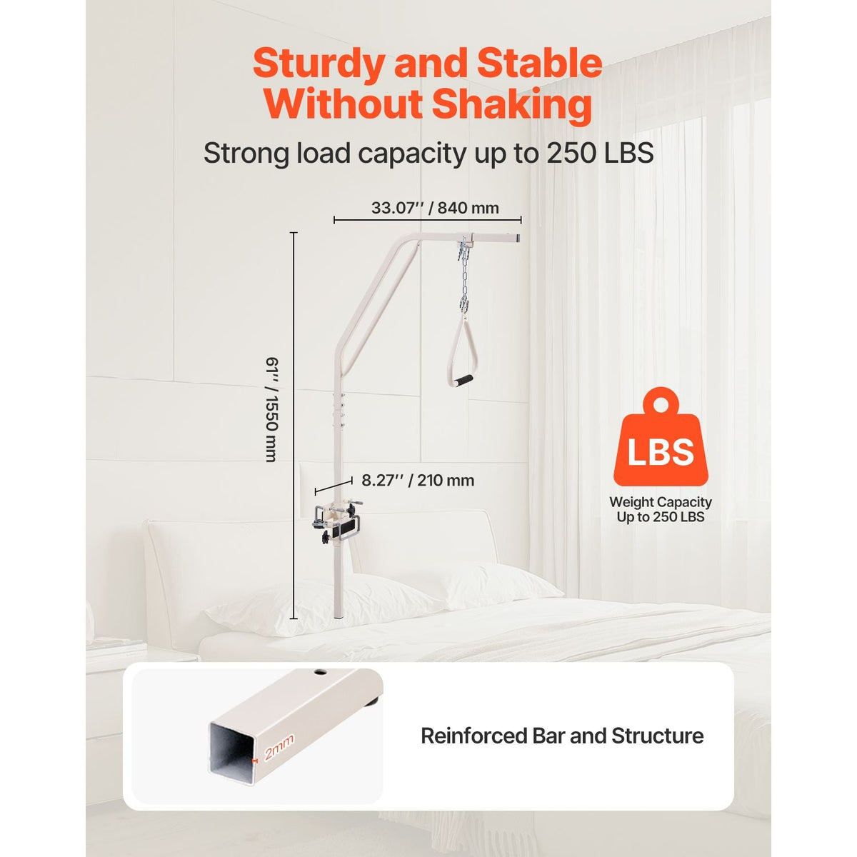 Trapeze Bar for Bed Mobility, Medical Bed Trapeze with Clamps & Metal Chain, 250LBS Weight Capacity Bed Pull Up Assist for Elderly & Disabled, Ideal for Home Care, Hospitals, Nursing Homes