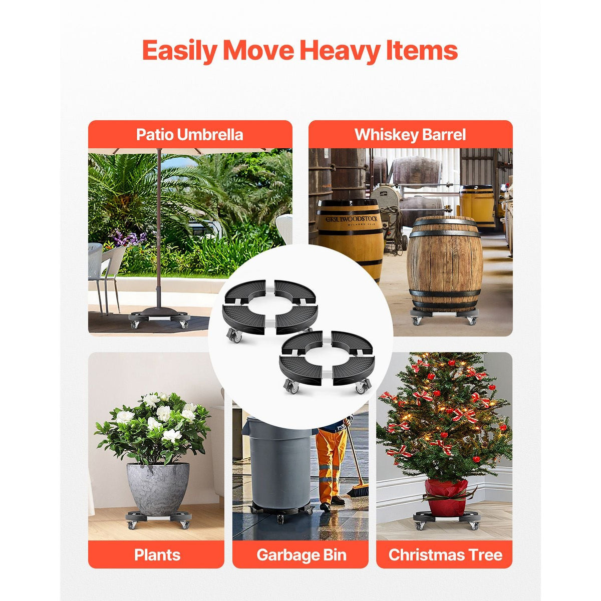 Trash Can Dolly with 4 Lockable Wheels, 440lbs Weight Capacity, 2 Packs Round Trash Can Roller Base, 15-22.8 in Adjustable, Heavy Duty Plant Caddy, Multi-Functional Rolling Dolly Cart, Black