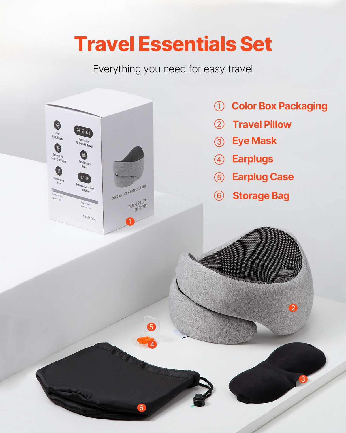 Travel Pillow, Double-Layered 3D Support Neck Pillow for Traveling, 360° Flexible Rotation Upgraded Memory Foam Travel Neck Pillow with Eye Mask, Earplugs, Earplug Case, Storage Bag(Black-Gray)