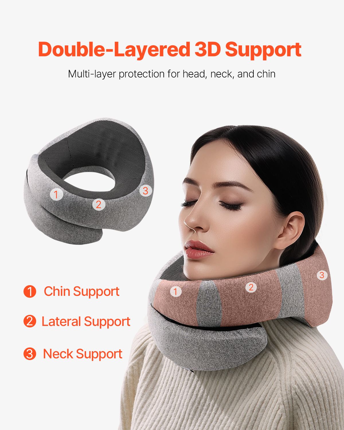 Travel Pillow, Double-Layered 3D Support Neck Pillow for Traveling, 360° Flexible Rotation Upgraded Memory Foam Travel Neck Pillow with Eye Mask, Earplugs, Earplug Case, Storage Bag(Black-Gray)