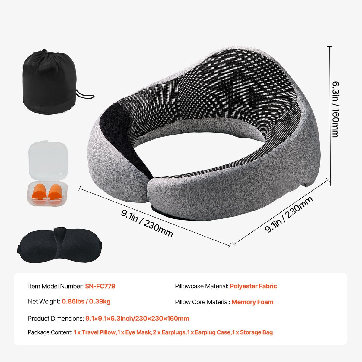 Travel Pillow, Double-Layered 3D Support Neck Pillow for Traveling, 360° Flexible Rotation Upgraded Memory Foam Travel Neck Pillow with Eye Mask, Earplugs, Earplug Case, Storage Bag(Black-Gray)