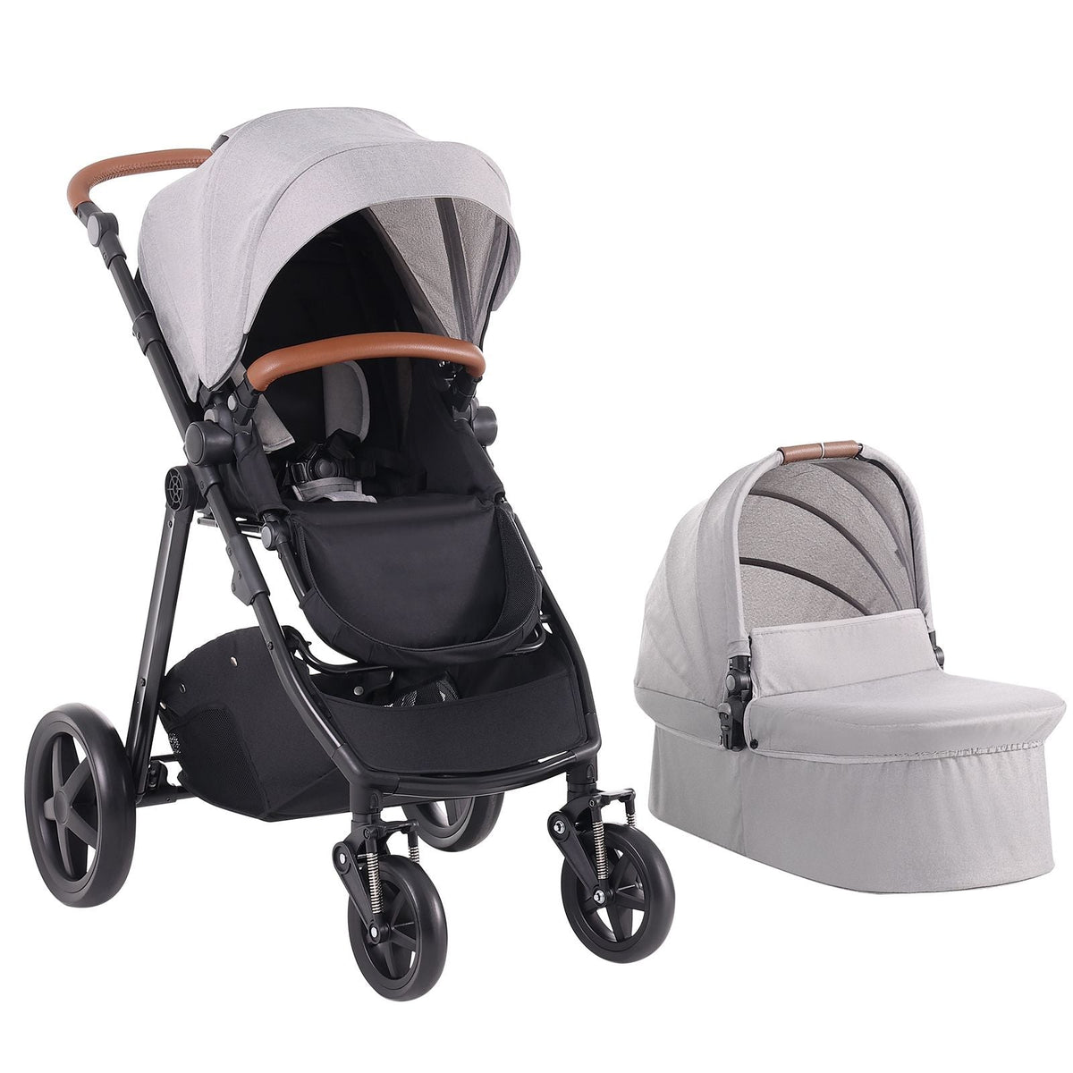 Travel System Stroller with Infant Bassinet, 2-in-1 Baby Cradle Stroller Combo, Reversible Seat, Easy One-button Folding, EVA Tires with Brake Aluminum Stroller Carseat Combo Set (Light Gray)