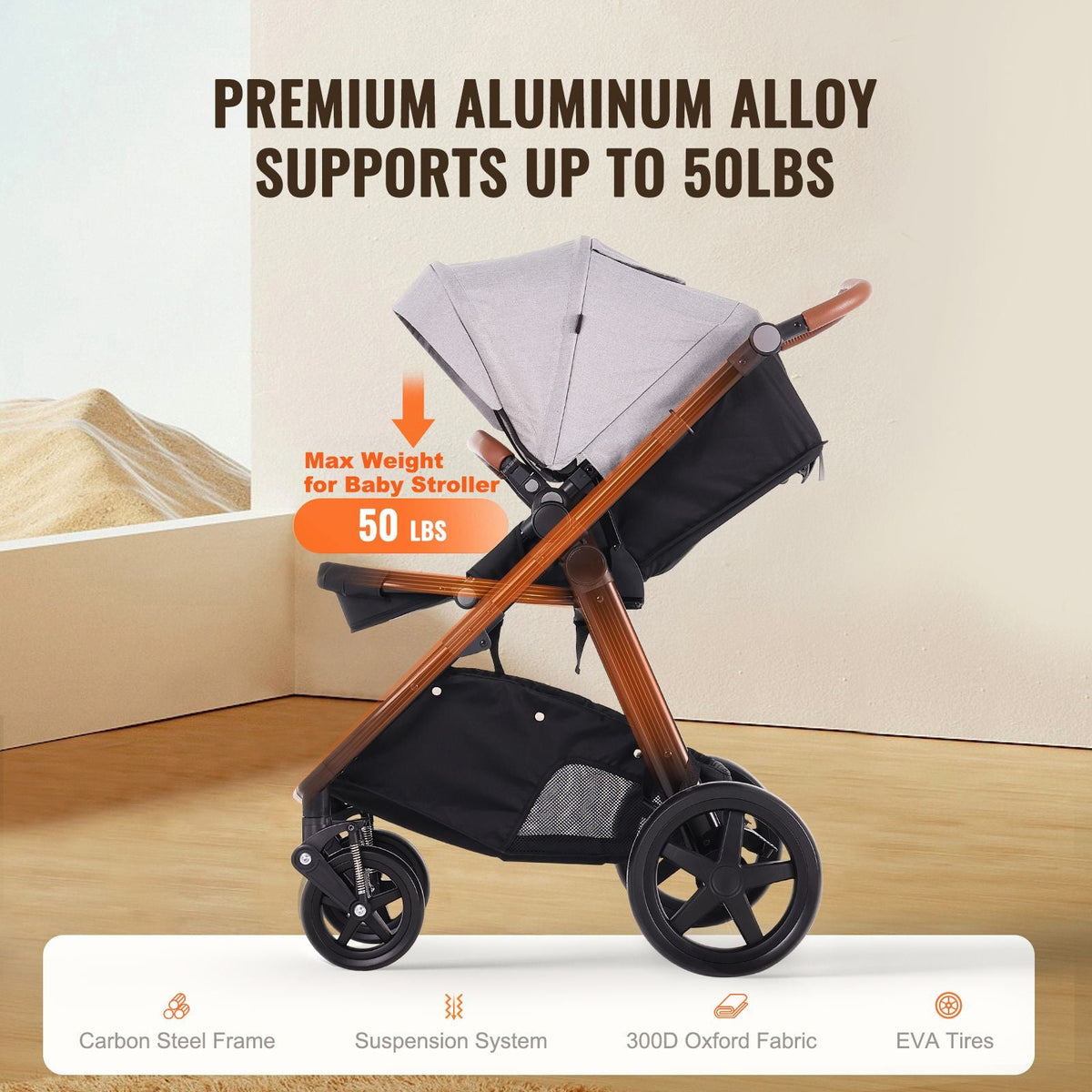 Travel System Stroller with Infant Bassinet, 2-in-1 Baby Cradle Stroller Combo, Reversible Seat, Easy One-button Folding, EVA Tires with Brake Aluminum Stroller Carseat Combo Set (Light Gray)