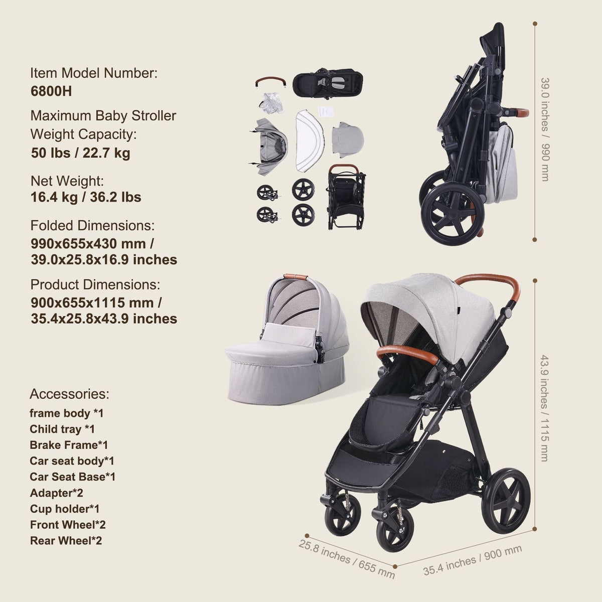 Travel System Stroller with Infant Bassinet, 2-in-1 Baby Cradle Stroller Combo, Reversible Seat, Easy One-button Folding, EVA Tires with Brake Aluminum Stroller Carseat Combo Set (Light Gray)