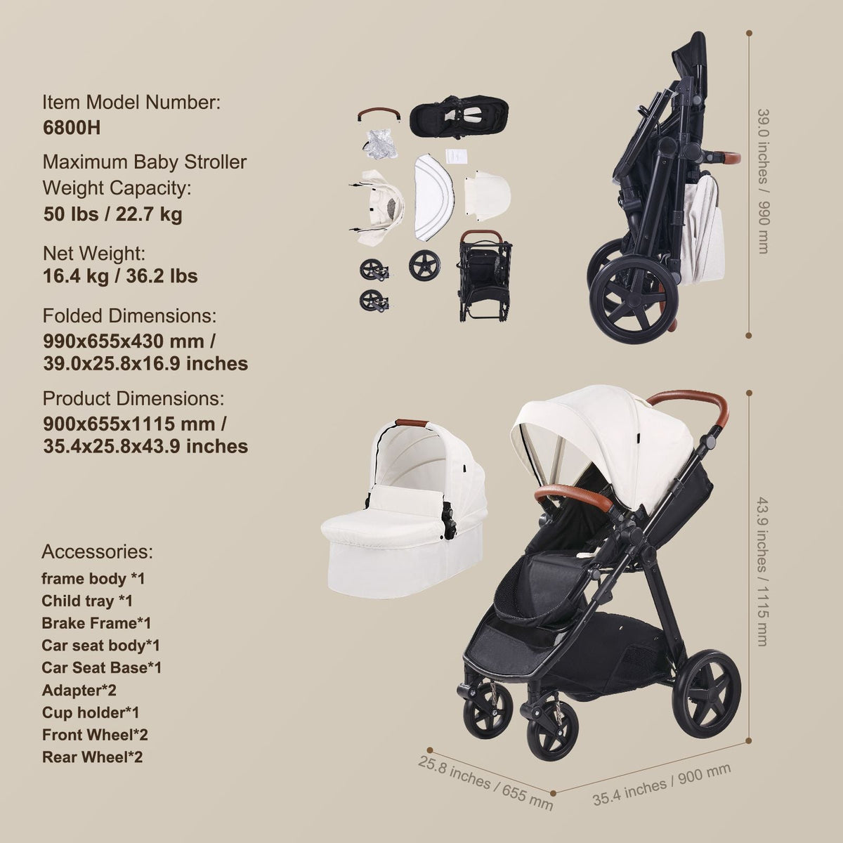Travel System Stroller with Infant Bassinet, 2-in-1 Baby Cradle Stroller Combo, Reversible Seat, Easy One-button Folding, EVA Tires with Brake Aluminum Stroller Carseat Combo Set (White)