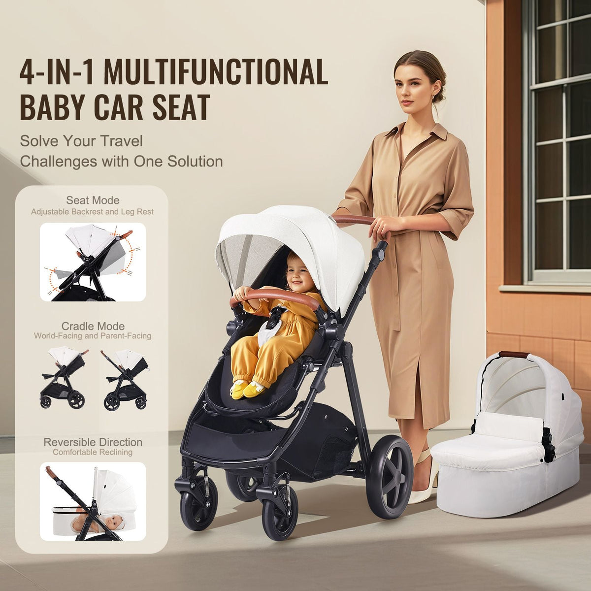 Travel System Stroller with Infant Bassinet, 2-in-1 Baby Cradle Stroller Combo, Reversible Seat, Easy One-button Folding, EVA Tires with Brake Aluminum Stroller Carseat Combo Set (White)