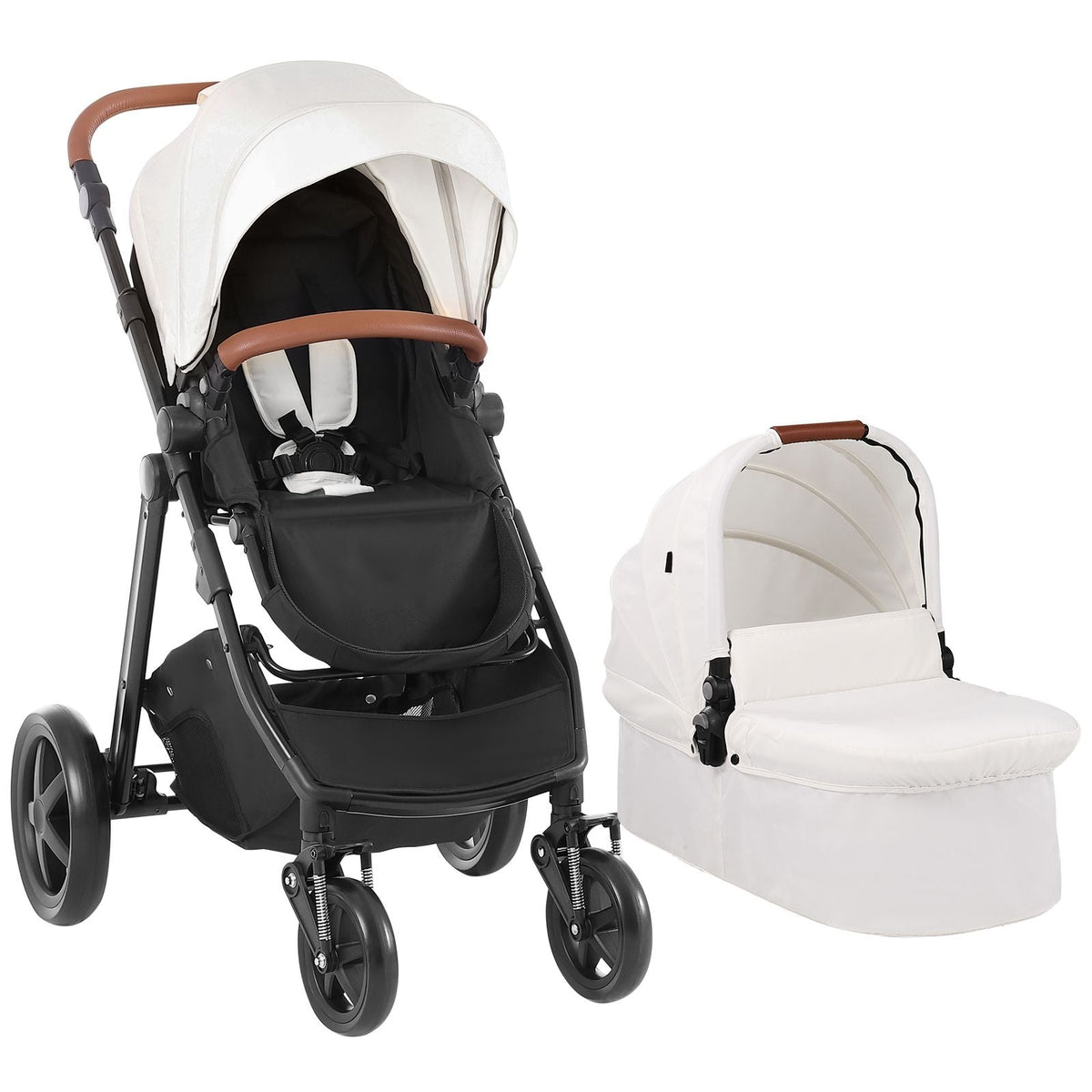 Travel System Stroller with Infant Bassinet, 2-in-1 Baby Cradle Stroller Combo, Reversible Seat, Easy One-button Folding, EVA Tires with Brake Aluminum Stroller Carseat Combo Set (White)