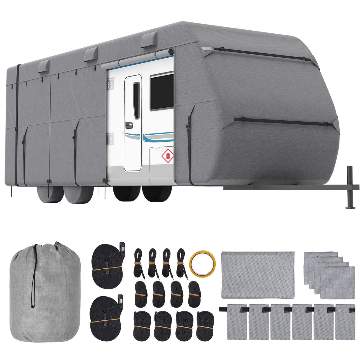 Travel Trailer Cover, 18-20 ft RV Cover, 4-Layer Non-Woven Fabric Camper Cover, Waterproof, Windproof and Rip-Stop Class A RV Cover, with Storage Bag, Repair Patches, Straps and Tire Covers