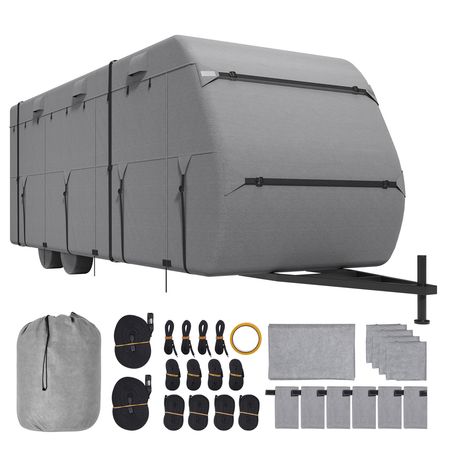 Travel Trailer Cover, 18-20 ft RV Cover, 4-Layer Non-Woven Fabric Camper Cover, Waterproof, Windproof and Rip-Stop Class A RV Cover, with Storage Bag, Repair Patches, Straps and Tire Covers