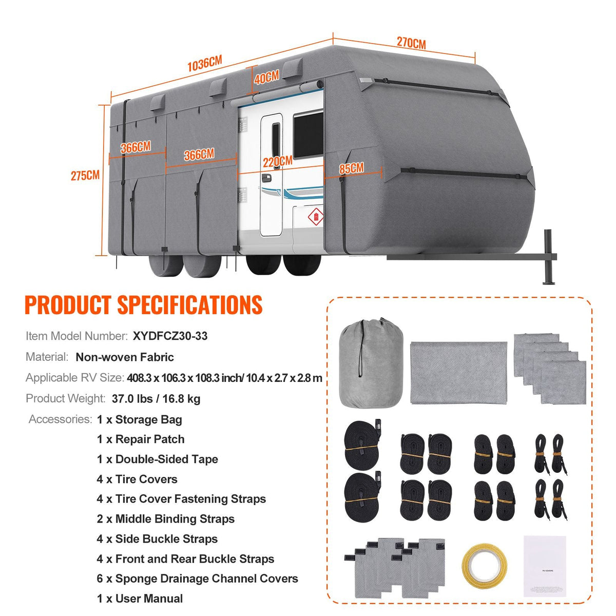 Travel Trailer Cover, 30-33 ft RV Cover, 4-Layer Non-Woven Fabric Camper Cover, Waterproof, Windproof and Rip-Stop Class A RV Cover, with Storage Bag, Repair Patches, Straps and Tire Covers