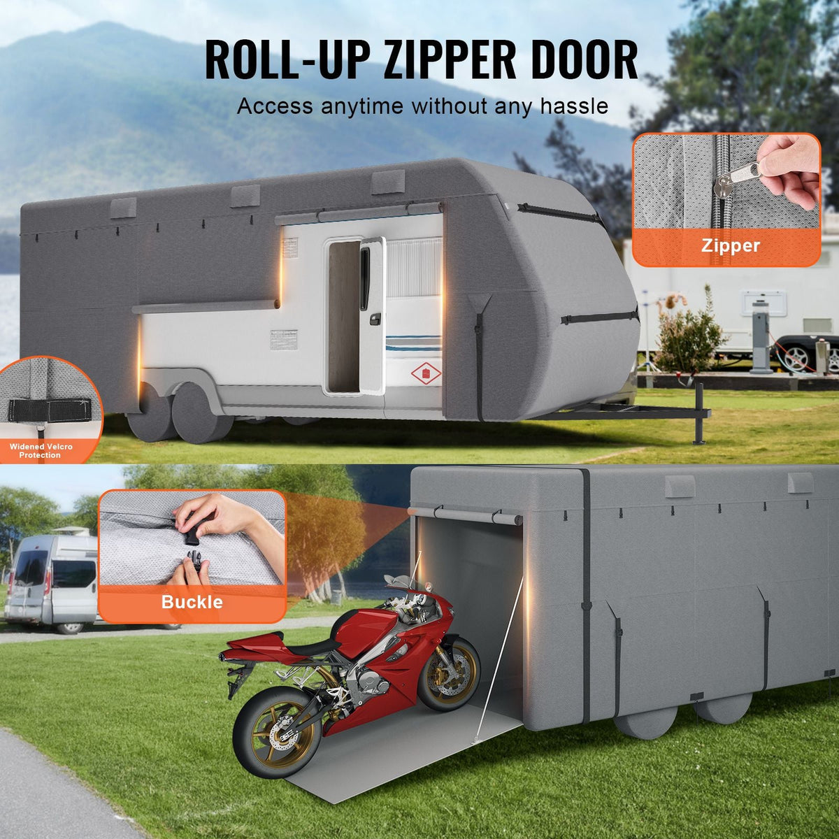 Travel Trailer Cover, 30-33 ft RV Cover, 4-Layer Non-Woven Fabric Camper Cover, Waterproof, Windproof and Rip-Stop Class A RV Cover, with Storage Bag, Repair Patches, Straps and Tire Covers