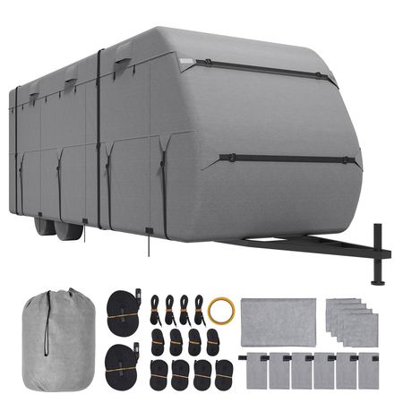 Travel Trailer Cover, 30-33 ft RV Cover, 4-Layer Non-Woven Fabric Camper Cover, Waterproof, Windproof and Rip-Stop Class A RV Cover, with Storage Bag, Repair Patches, Straps and Tire Covers