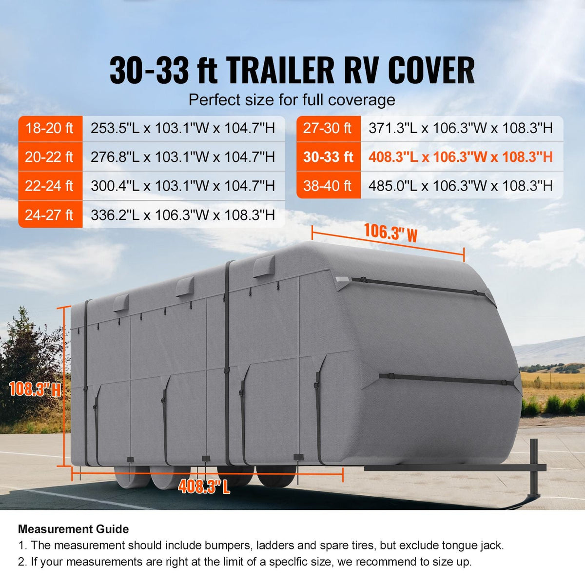 Travel Trailer Cover, 30-33 ft RV Cover, 4-Layer Non-Woven Fabric Camper Cover, Waterproof, Windproof and Rip-Stop Class A RV Cover, with Storage Bag, Repair Patches, Straps and Tire Covers