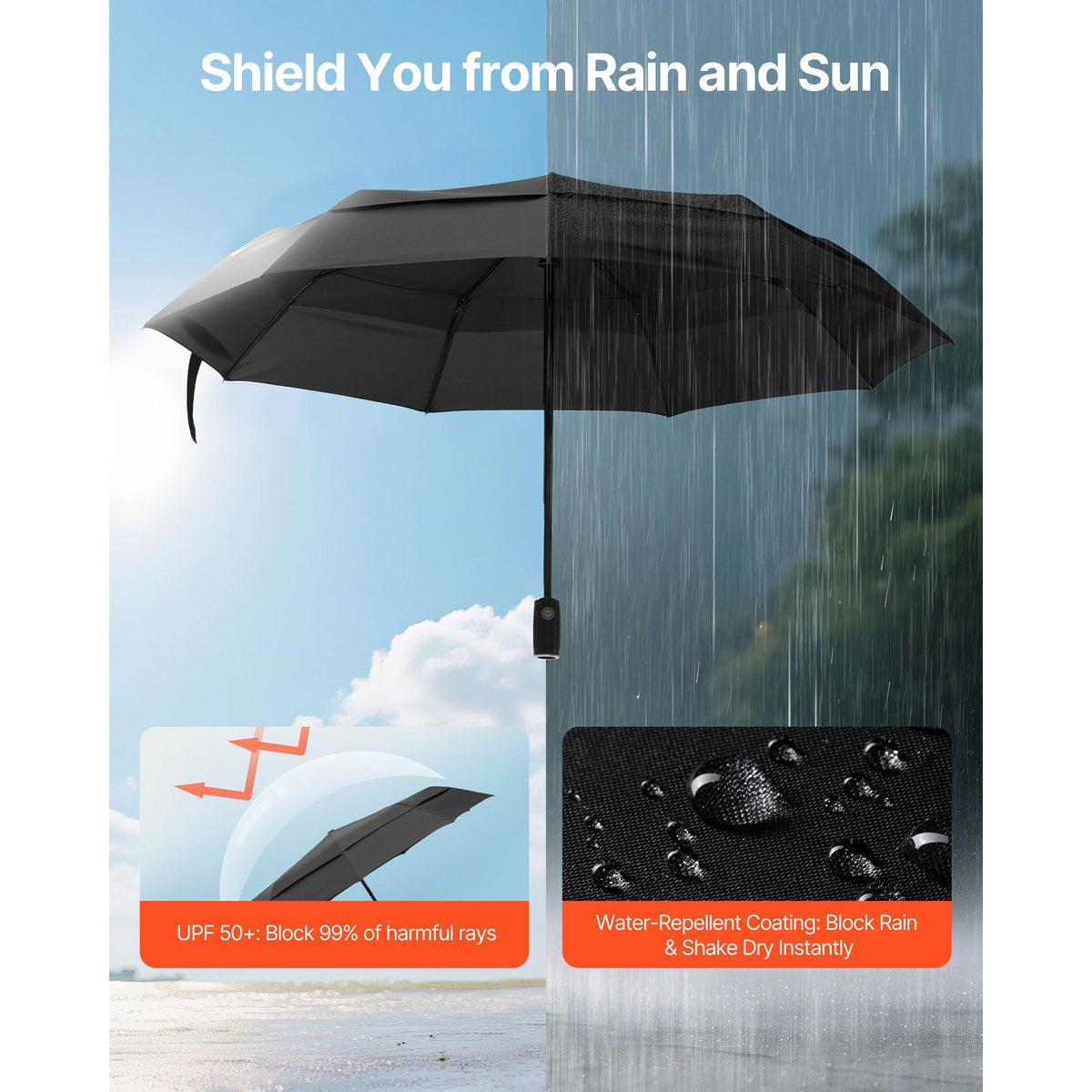 Travel Umbrella, 42 in Portable Compact Umbrellas, Automatic Open-Close Umbrella, Lightweight & Durable with Flexible Fiberglass Ribs, Windproof, Rainproof, and Sun-Blocking Canopy (Black)