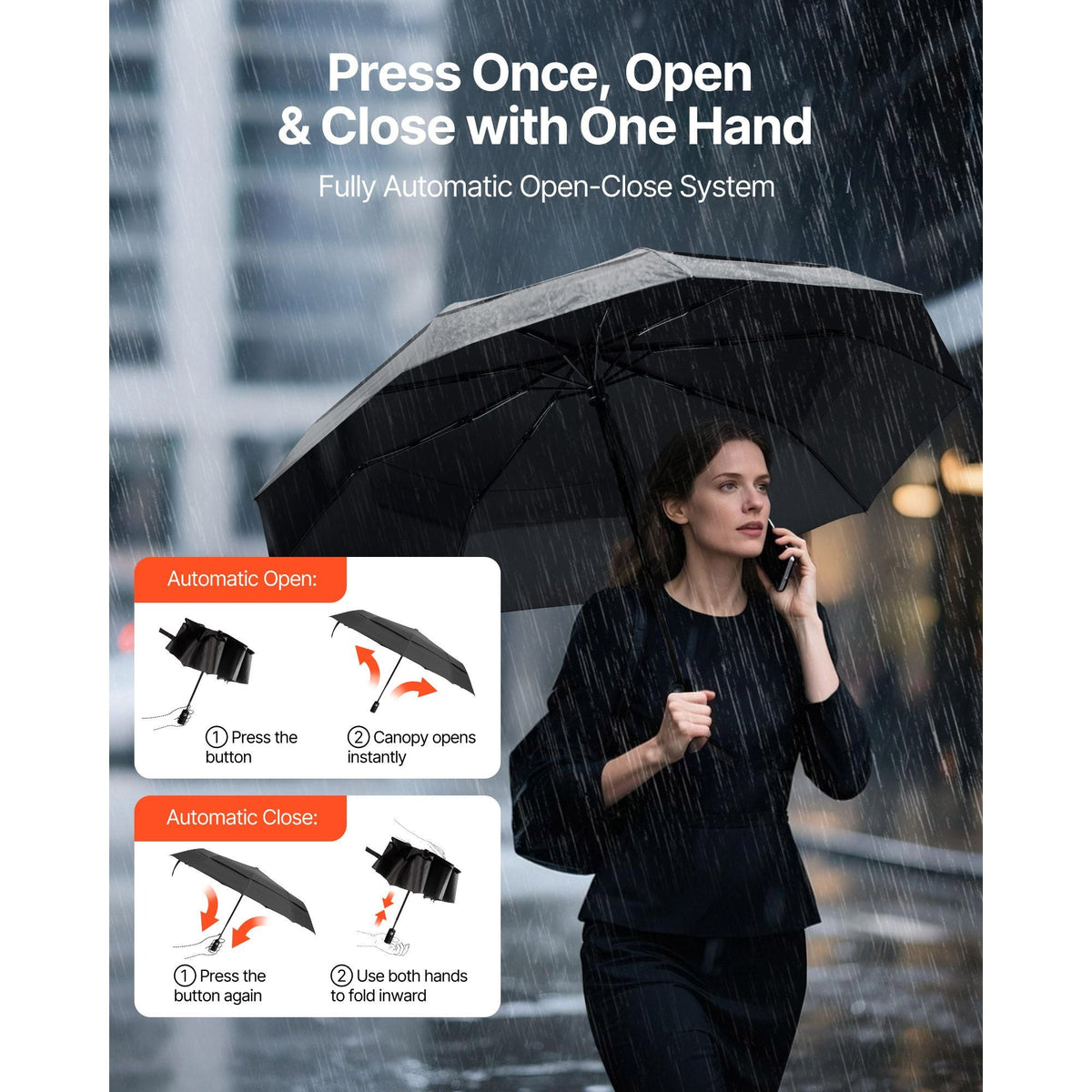 Travel Umbrella, 42 in Portable Compact Umbrellas, Automatic Open-Close Umbrella, Lightweight & Durable with Flexible Fiberglass Ribs, Windproof, Rainproof, and Sun-Blocking Canopy (Black)