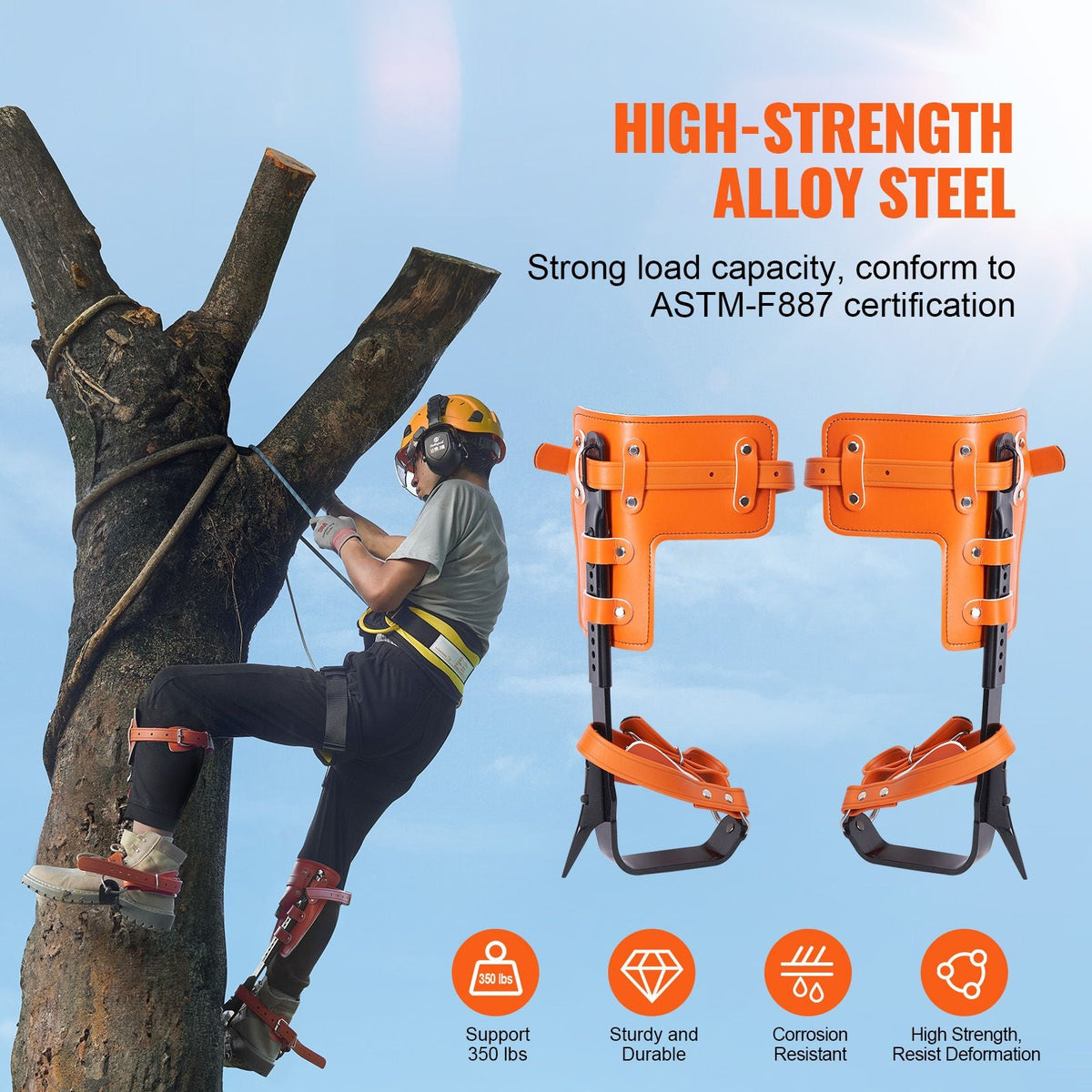 Tree Climbing Spikes, 1 Pair Alloy Steel Climbing Spurs, 350lbs Load Capacity Tree Climbing Gear with Straps and Spike Protectors, Arborist Equipment for Climbers, Hunting, Fruit Picking, Orange