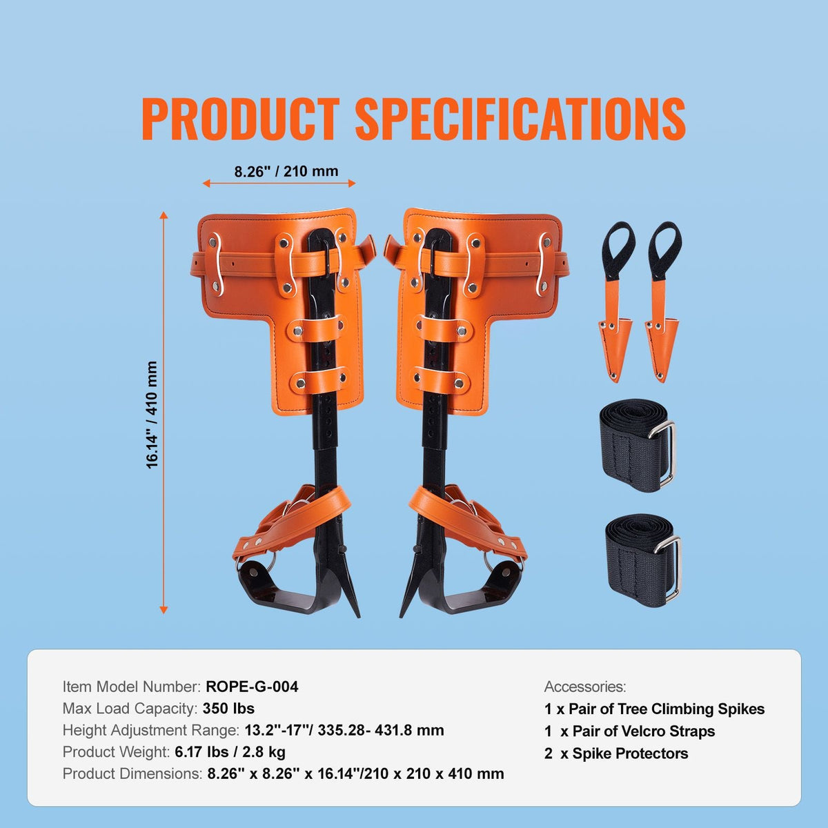Tree Climbing Spikes, 1 Pair Alloy Steel Climbing Spurs, 350lbs Load Capacity Tree Climbing Gear with Straps and Spike Protectors, Arborist Equipment for Climbers, Hunting, Fruit Picking, Orange