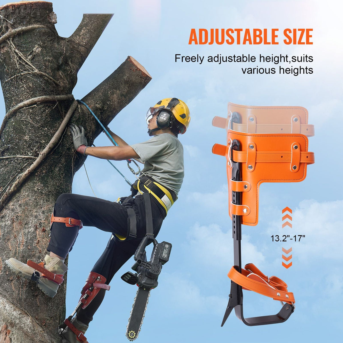 Tree Climbing Spikes, 1 Pair Alloy Steel Climbing Spurs, 350lbs Load Capacity Tree Climbing Gear with Straps and Spike Protectors, Arborist Equipment for Climbers, Hunting, Fruit Picking, Orange