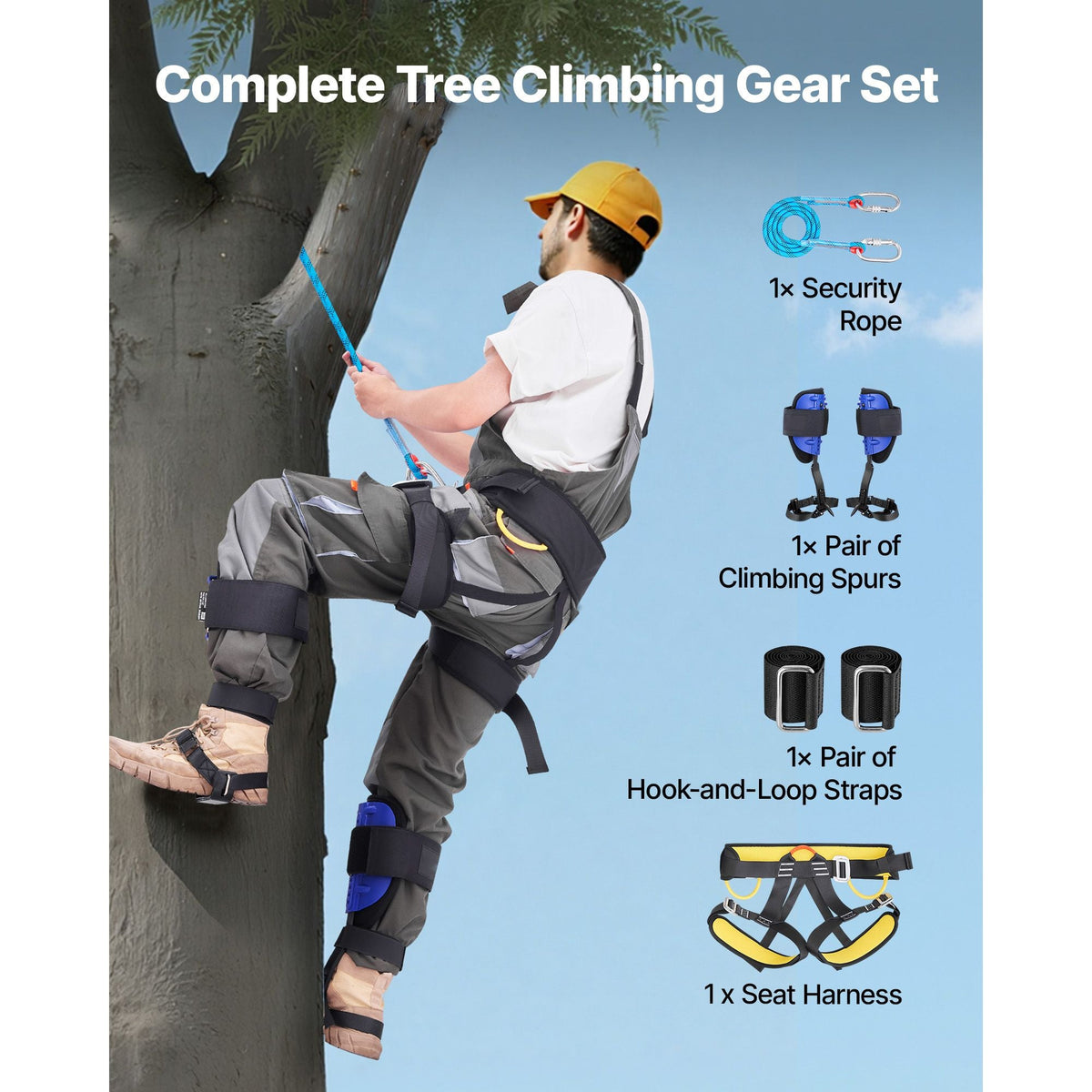 Tree Climbing Spikes Set, Height-Adjustable Tree Climbing Gear with Straps & Harness, 350 lbs Load Capacity, Heavy Duty Steel Climb Spurs Arborist Equipment for Fruit Picking Hunting