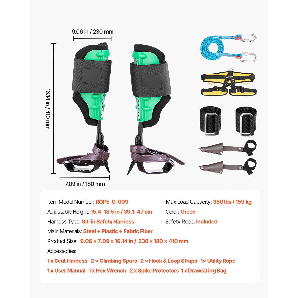 Tree Climbing Spikes Set, Height-Adjustable Tree Climbing Gear with Straps & Spike Protectors, 350 lbs Load Capacity, Heavy Duty Steel Climb Spurs Arborist Equipment for Fruit Picking Hunting