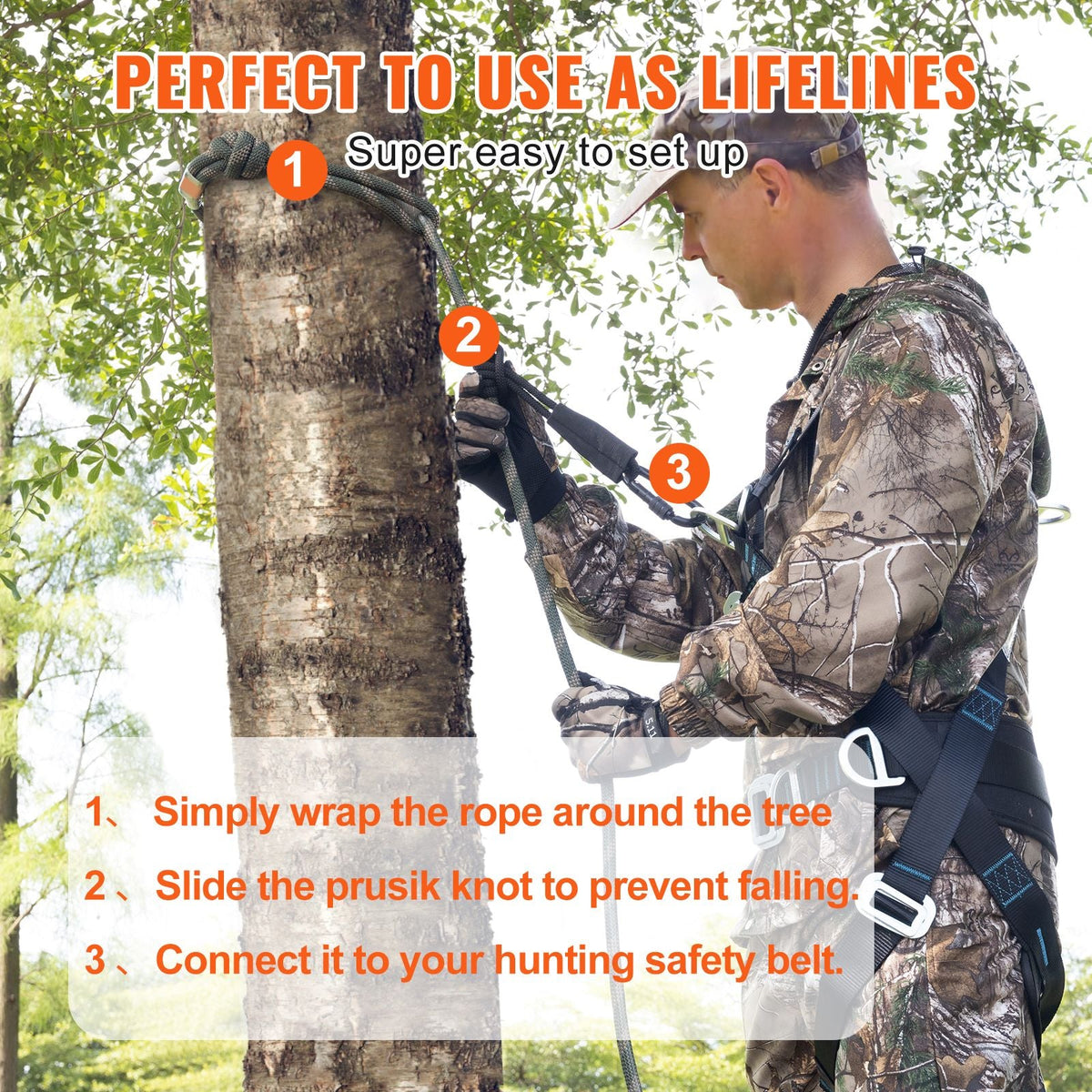 Tree Stand Safety Rope, 30 ft/91.44 m Treestand Lifeline Rope 30KN Breaking Tension, 0.6'' Hunting Safety Line with Prusik Knot, 2pcs Carabiner and Silencer, for Treestrap and Climbing