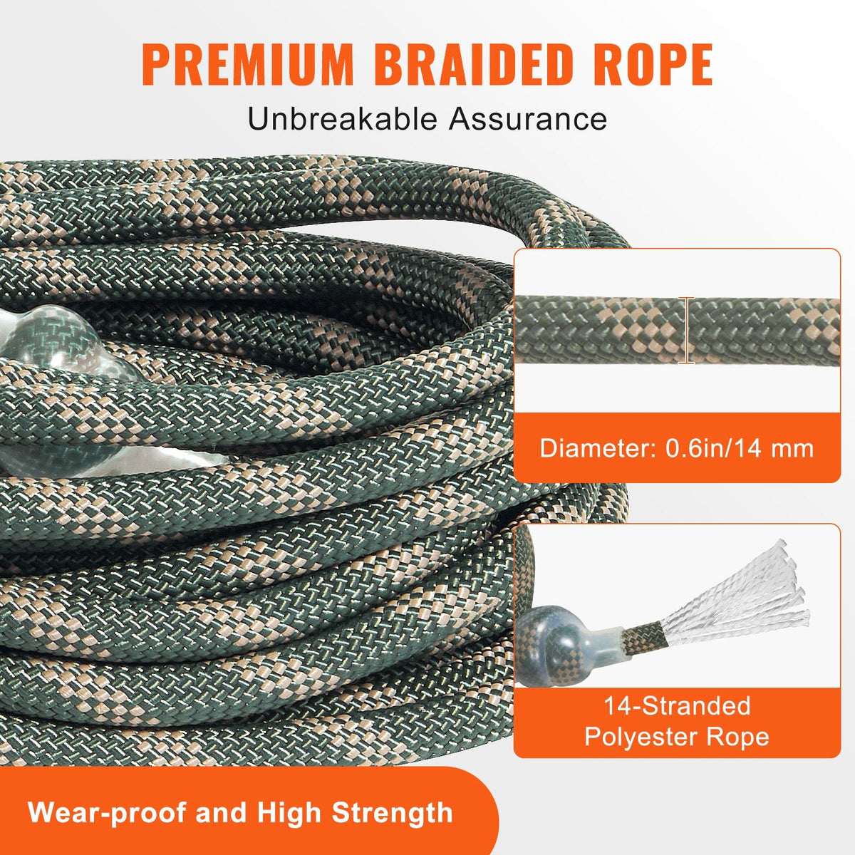 Tree Stand Safety Rope, 30 ft/91.44 m Treestand Lifeline Rope 30KN Breaking Tension, 0.6'' Hunting Safety Line with Prusik Knot, 2pcs Carabiner and Silencer, for Treestrap and Climbing