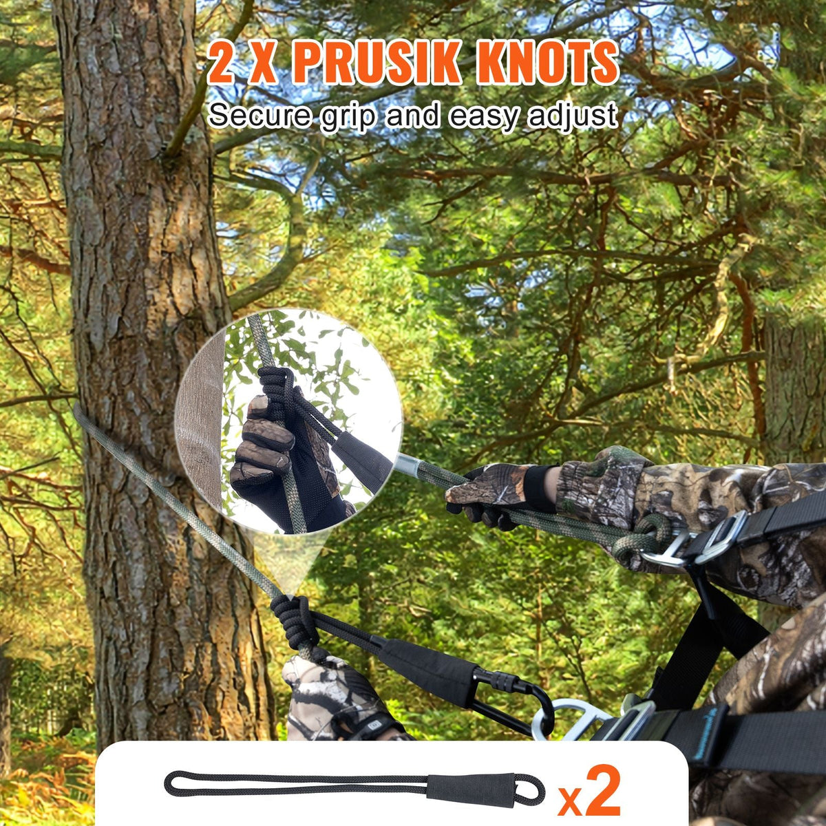 Tree Stand Safety Rope, 30 ft/91.44 m Treestand Lifeline Rope 30KN Breaking Tension, 0.6'' Hunting Safety Line with Prusik Knot, 2pcs Carabiner and Silencer, for Treestrap and Climbing