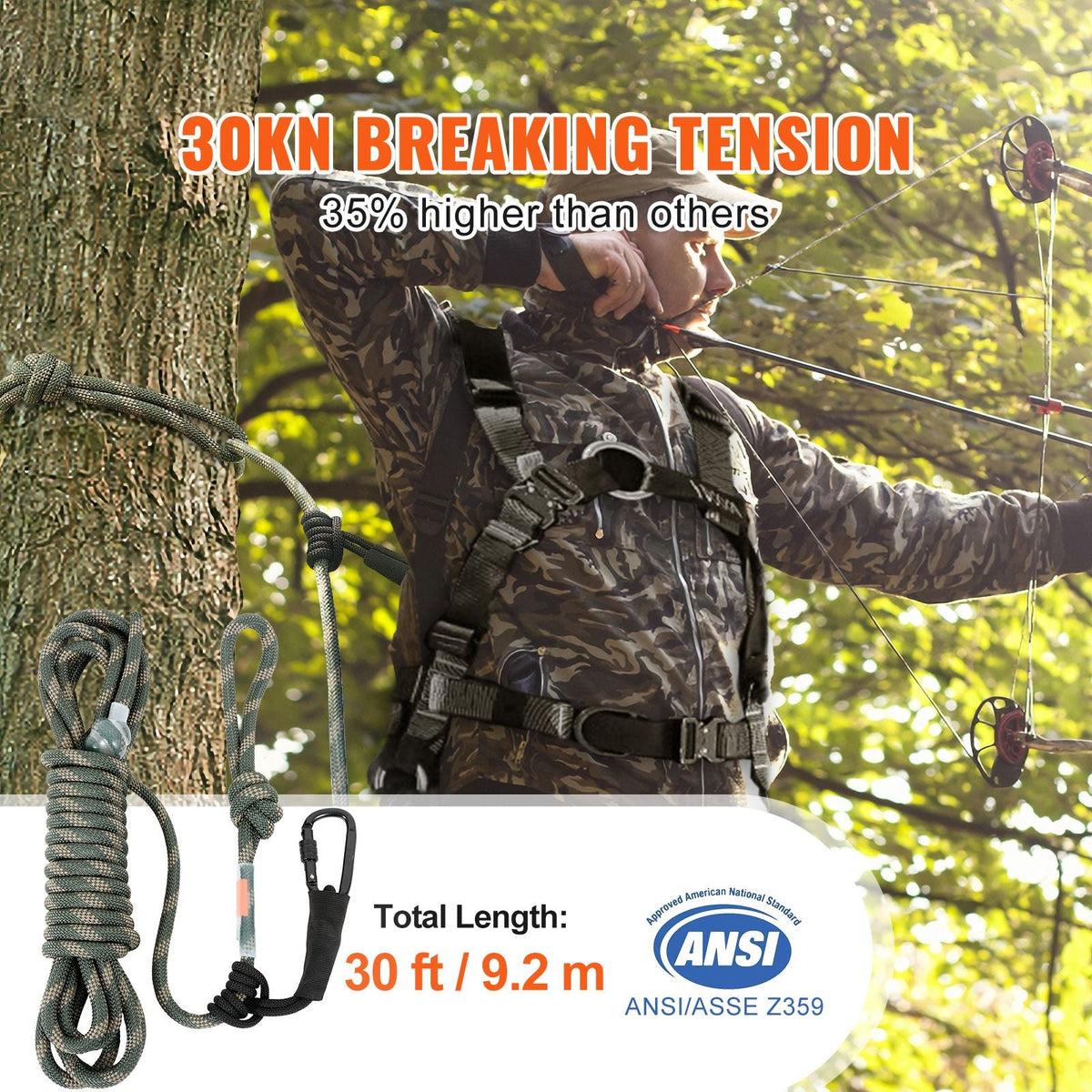 Tree Stand Safety Rope, 30 ft/91.44 m Treestand Lifeline Rope 30KN Breaking Tension, 0.6'' Hunting Safety Line with Prusik Knot, 2pcs Carabiner and Silencer, for Treestrap and Climbing