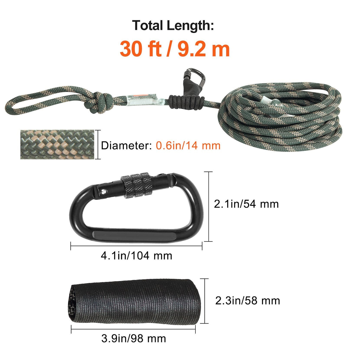 Tree Stand Safety Rope, 30 ft/91.44 m Treestand Lifeline Rope 30KN Breaking Tension, 0.6'' Hunting Safety Line with Prusik Knot, 2pcs Carabiner and Silencer, for Treestrap and Climbing