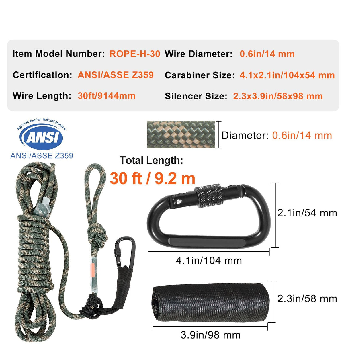 Tree Stand Safety Rope, 30 ft/91.44 m Treestand Lifeline Rope 30KN Breaking Tension, 0.6'' Hunting Safety Line with Prusik Knot, 2pcs Carabiner and Silencer, for Treestrap and Climbing